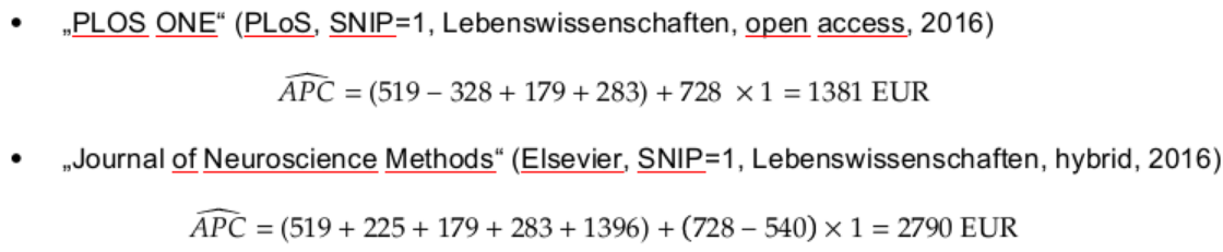 Geschätzte APCs für die Verlage PLoS und Elsevier